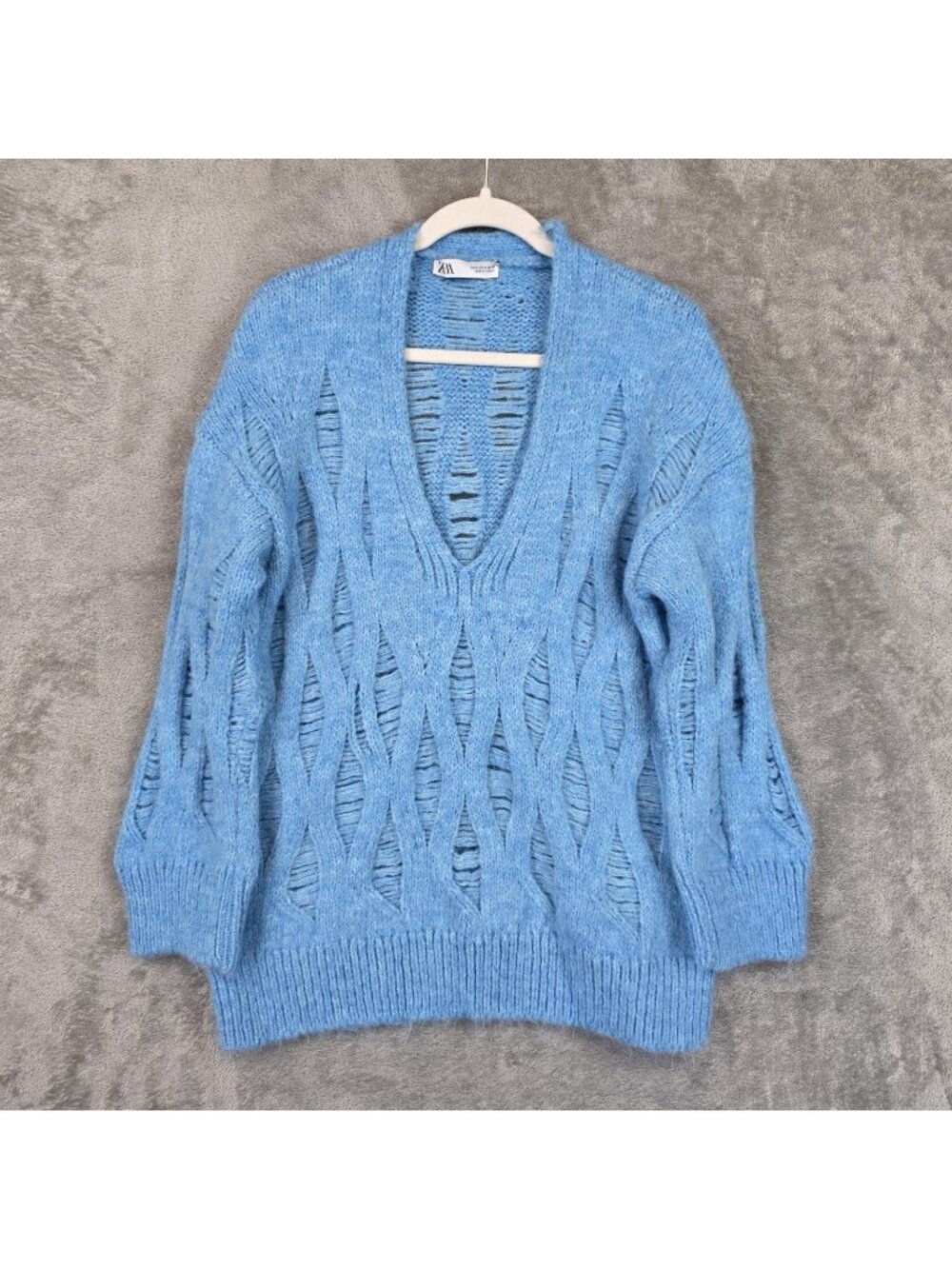 Zara Sweater Womens S Blue Open Knit V Neck Sheer Geometric Long Sleeve Pullover